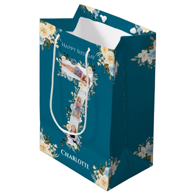 Sac Cadeau Moyen 7e anniversaire Photo Collage Turquoise bleu jaune (Devant Angle)