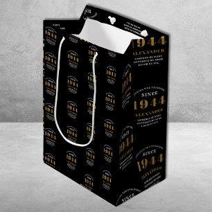 Sac Cadeau Moyen 80e anniversaire 1944 Black Gold Chic Elegant