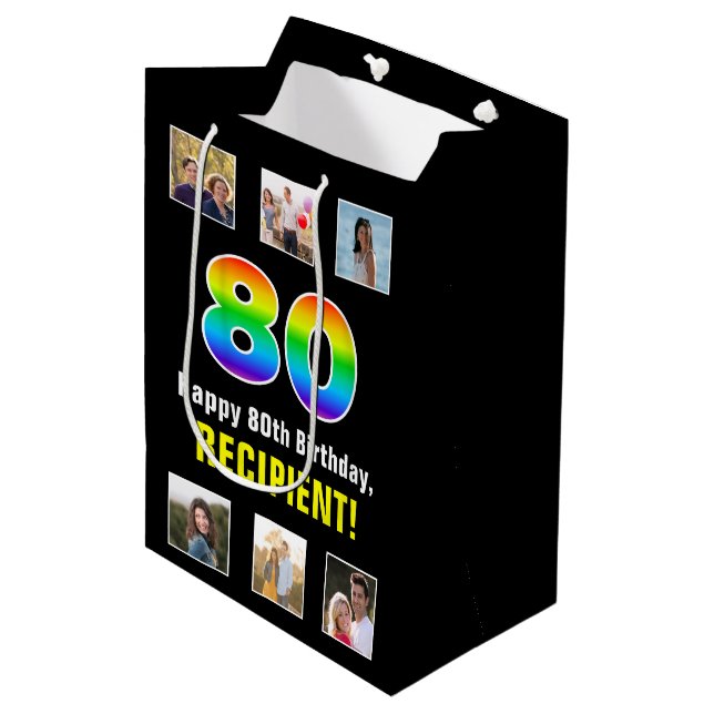 Sac Cadeau Moyen 80e anniversaire : Arc-en-ciel "80", photos person (Devant Angle)