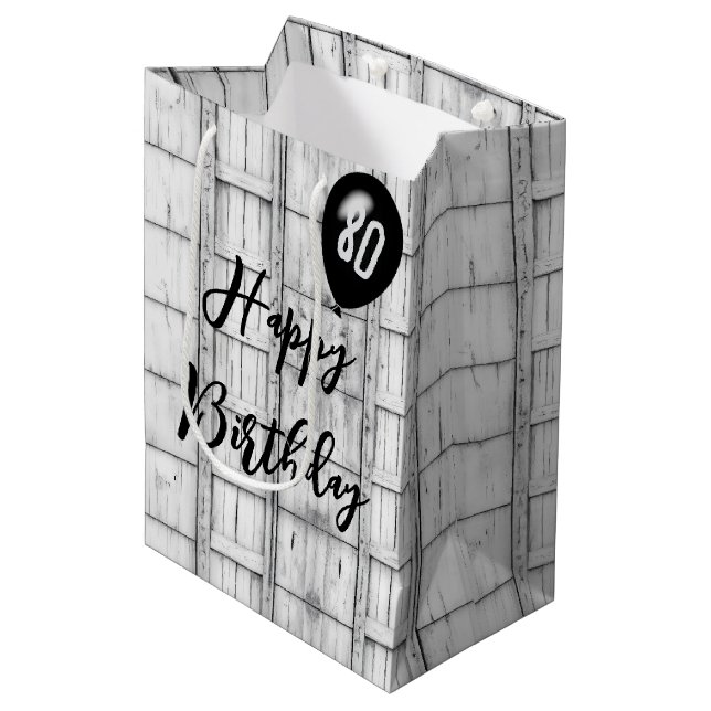 Sac Cadeau Moyen 80e anniversaire symétrique Motif de bois rustique (Devant Angle)