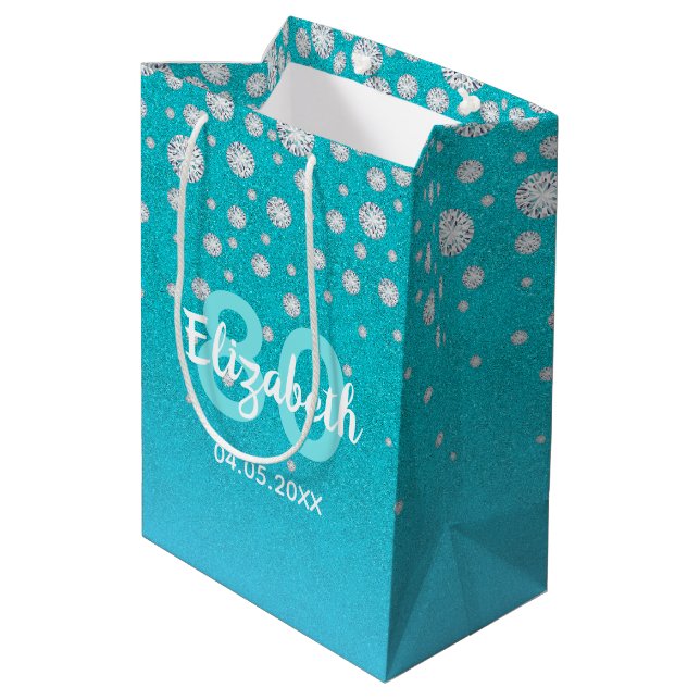 Sac Cadeau Moyen 80e anniversaire turquoise bleu vert nom de partie (Dos Angle)