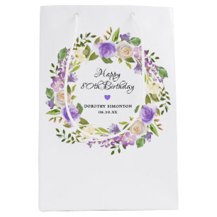 Sac Cadeau Moyen 80e anniversaire violet monogramme floral