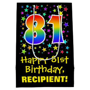 Sac Cadeau Moyen 81e anniversaire : Colorful Stars Motif & Rainbow 