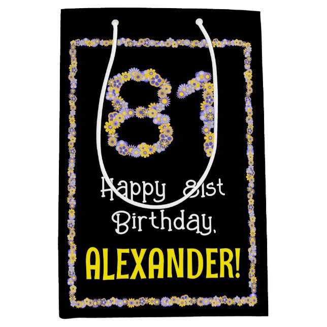 Sac Cadeau Moyen 81e anniversaire : Floral Flowers Numéro, Nom pers (Devant)