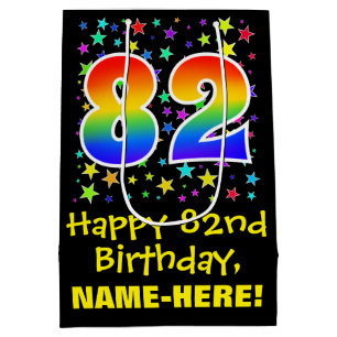 Sac Cadeau Moyen 82e anniversaire : Colorful Stars Motif & Rainbow 