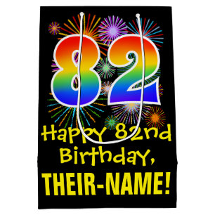 Sac Cadeau Moyen 82e anniversaire : Fun Fireworks Motif + Rainbow 8