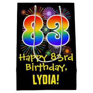 Sac Cadeau Moyen 83e anniversaire : Fun Fireworks Motif + Rainbow 8