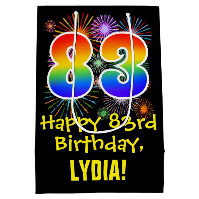 Sac Cadeau Moyen 83ème anniversaire : Fun Fireworks Motif + Rainbow (Dos)