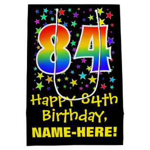 Sac Cadeau Moyen 84e anniversaire : Colorful Stars Motif & Rainbow 