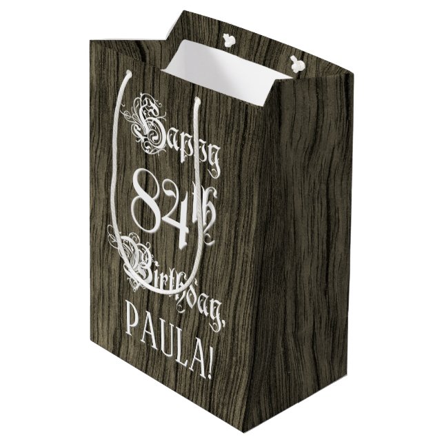 Sac Cadeau Moyen 84e anniversaire : fantaisie, Faux Wood Look + Nom (Dos Angle)