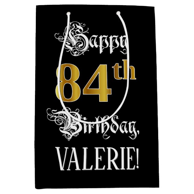 Sac Cadeau Moyen 84e anniversaire ~ Script fantaisie; Faux Gold Loo (Devant)