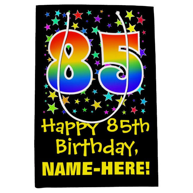 Sac Cadeau Moyen 85e anniversaire : Colorful Stars Motif & Rainbow  (Devant)
