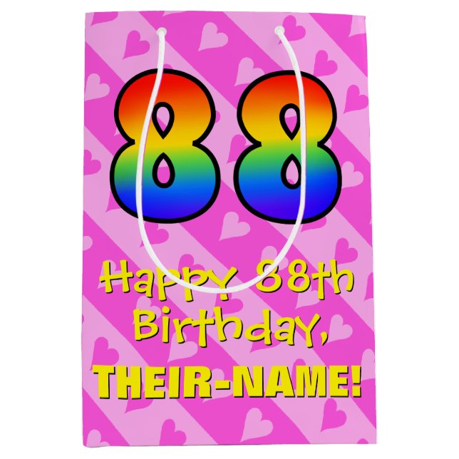 Sac Cadeau Moyen 88e anniversaire : Amusants Coeurs roses Stripes;  (Devant)