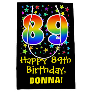 Sac Cadeau Moyen 89e anniversaire : Colorful Stars Motif & Rainbow 