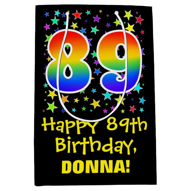 Sac Cadeau Moyen 89e anniversaire : Colorful Stars Motif & Rainbow  (Devant)