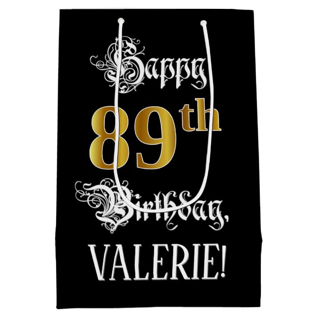 Sac Cadeau Moyen 89e anniversaire ~ Script fantaisie; Faux Gold Loo (Dos)