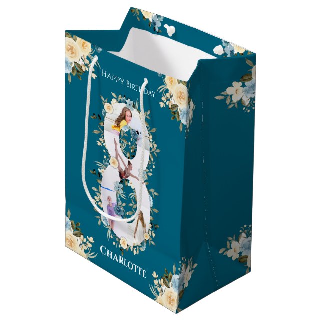 Sac Cadeau Moyen 8e anniversaire Photo Collage Turquoise bleu jaune (Devant Angle)
