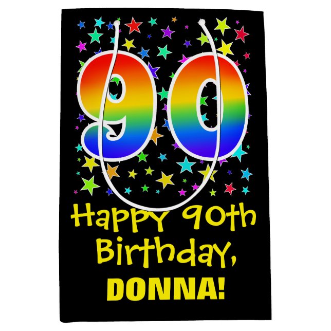 Sac Cadeau Moyen 90e anniversaire : Colorful Stars Motif & Rainbow  (Devant)