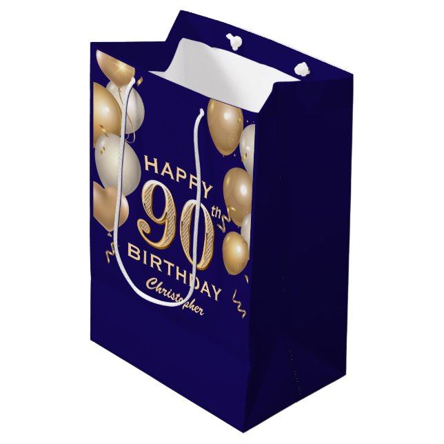 Sac Cadeau Moyen 90e Anniversaire Marine Bleu et Ballons d'or (Devant Angle)