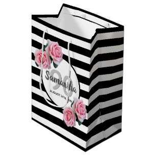 Sac Cadeau Moyen 90e anniversaire rose roses noir blanc rayures