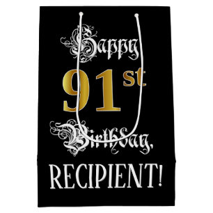 Sac Cadeau Moyen 91e anniversaire ~ Script fantaisie; Faux Gold Loo