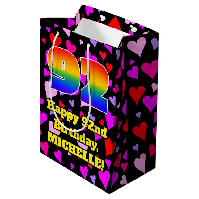 Sac Cadeau Moyen 92e anniversaire : Amour Hearts Motif, Arc-en-ciel (Dos Angle)