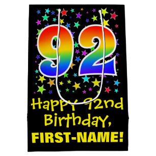 Sac Cadeau Moyen 92e anniversaire : Colorful Stars Motif & Rainbow 