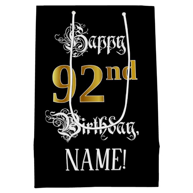 Sac Cadeau Moyen 92e Anniversaire ~ Écriture Élégante; Finition Or; (Dos)