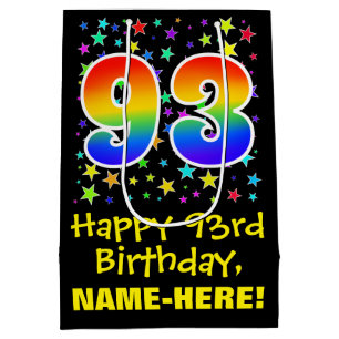 Sac Cadeau Moyen 93e anniversaire : Colorful Stars Motif & Rainbow 