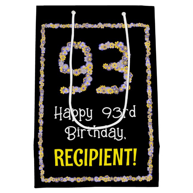 Sac Cadeau Moyen 93e anniversaire : Floral Flowers Numéro, Nom pers (Dos)