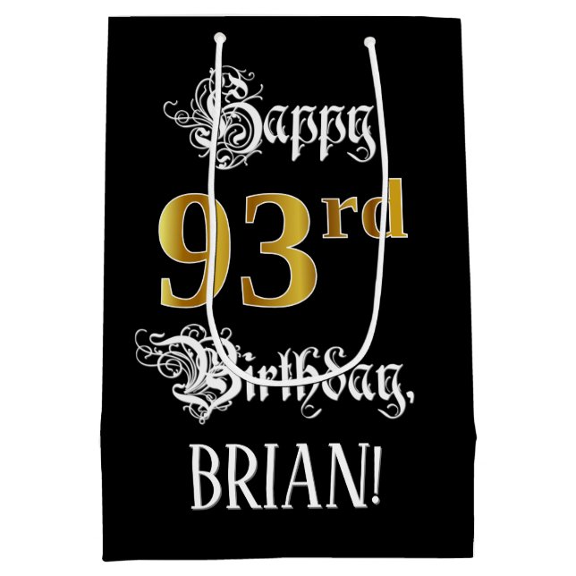 Sac Cadeau Moyen 93e anniversaire ~ Script fantaisie; Faux Gold Loo (Dos)