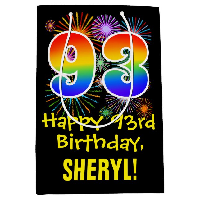 Sac Cadeau Moyen 93ème anniversaire : Fun Fireworks Motif + Rainbow (Devant)