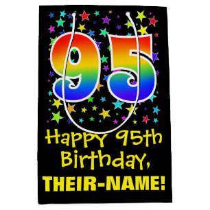 Sac Cadeau Moyen 95e anniversaire : Colorful Stars Motif & Rainbow 