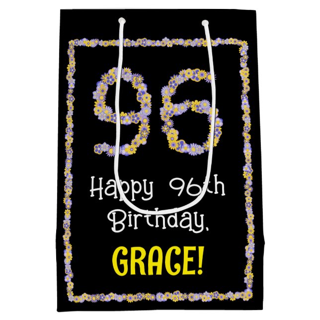 Sac Cadeau Moyen 96e anniversaire : Floral Flowers Numéro, Nom pers (Dos)