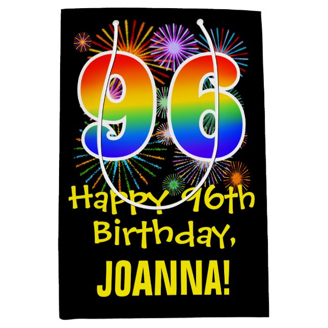 Sac Cadeau Moyen 96e anniversaire : Fun Fireworks Motif + Rainbow 9 (Devant)