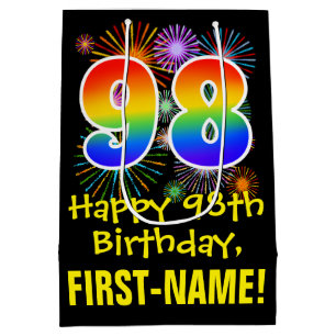 Sac Cadeau Moyen 98e anniversaire : Fun Fireworks Motif + Rainbow 9