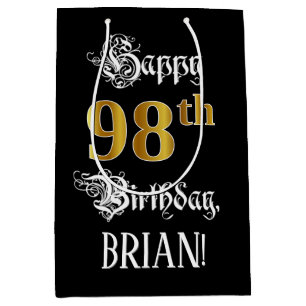 Sac Cadeau Moyen 98e anniversaire ~ Script fantaisie; Faux Gold Loo