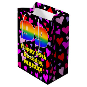 Sac Cadeau Moyen 99e anniversaire : Amour Hearts Motif, Arc-en-ciel