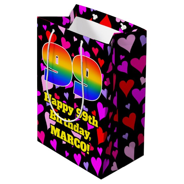 Sac Cadeau Moyen 99e anniversaire : Amour Hearts Motif, Arc-en-ciel (Dos Angle)