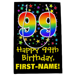 Sac Cadeau Moyen 99e anniversaire : Colorful Stars Motif & Rainbow 