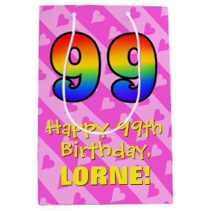 Sac Cadeau Moyen 99e anniversaire : Fun Pink Hearts Stripes; Rainbo