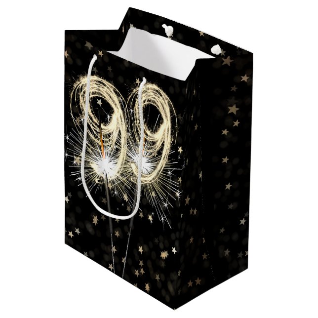Sac Cadeau Moyen 99e anniversaire Sparklers en noir avec étoiles (Devant Angle)