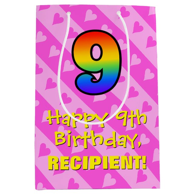 Sac Cadeau Moyen 9e anniversaire : Amusants Coeurs roses Stripes &  (Devant)