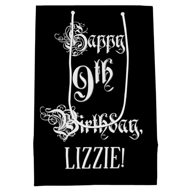 Sac Cadeau Moyen 9e anniversaire : fantaisie, élégant script + Nom  (Dos)