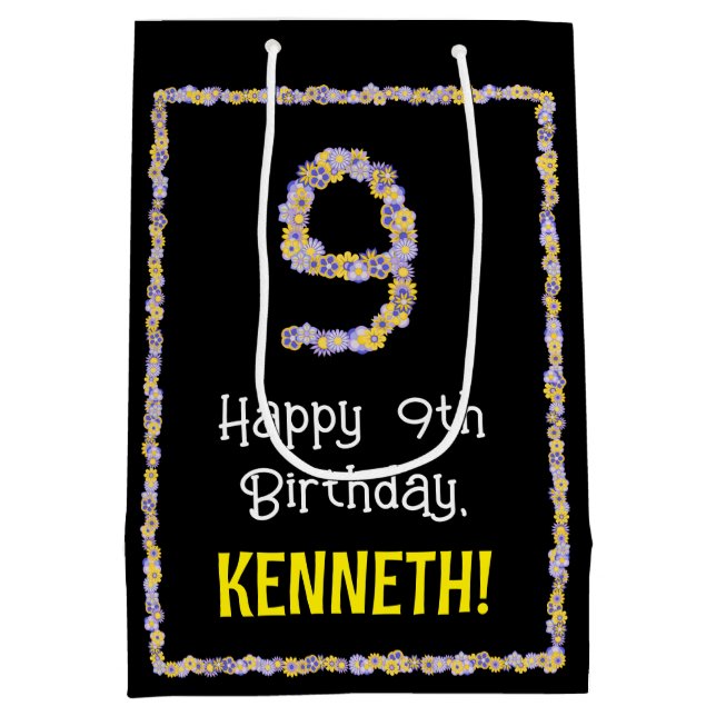 Sac Cadeau Moyen 9e anniversaire : Floral Flowers Numéro, Nom perso (Dos)
