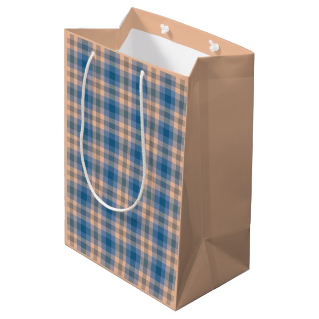 Sac Cadeau Moyen à damiers Plaid Beige Bleu Gris Et Pêche (Dos Angle)