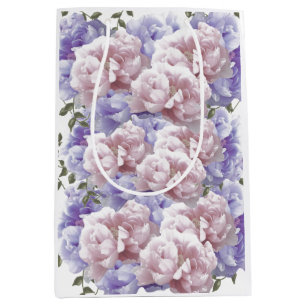 Sac cadeau moyen à motif floral pivoine rose pourp