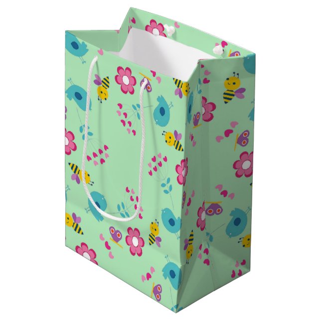 Sac Cadeau Moyen Abeilles, oiseaux et fleurs vert motif (Devant Angle)