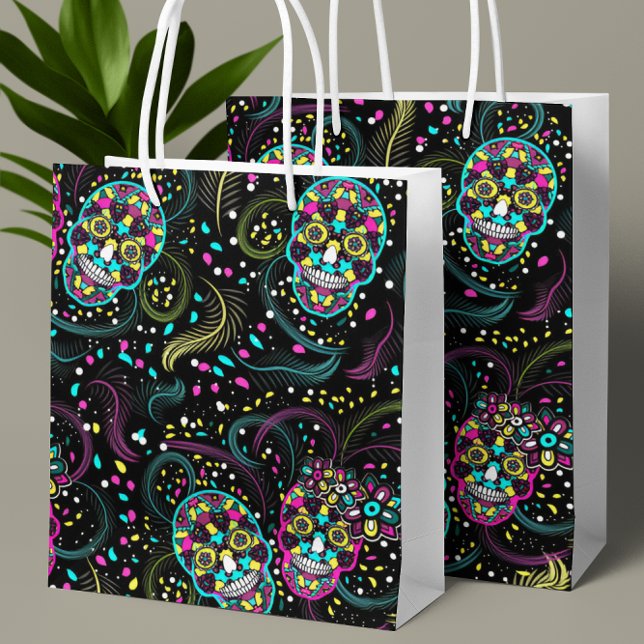 Sac Cadeau Moyen Abstract Colorful Spooky Skulls Halloween (Créateur téléchargé)