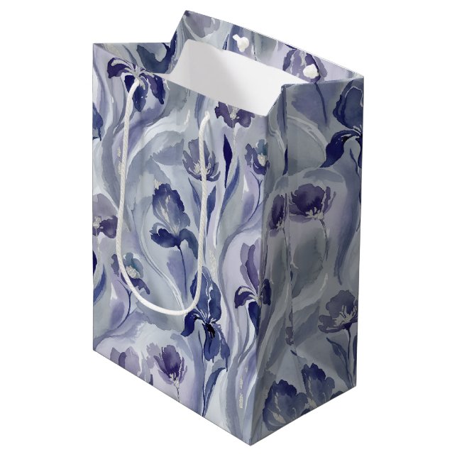 Sac Cadeau Moyen Abstract Flowers Pattern Indigo Purple Iris (Devant Angle)